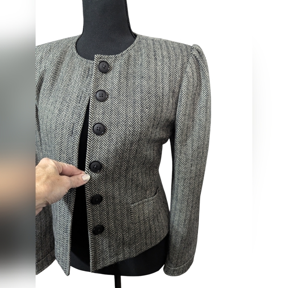 Vintage 80s Cashmere Wool Herringbone Puff Shoulder Cropped Jacket Sz 4 - Picture 11 of 15